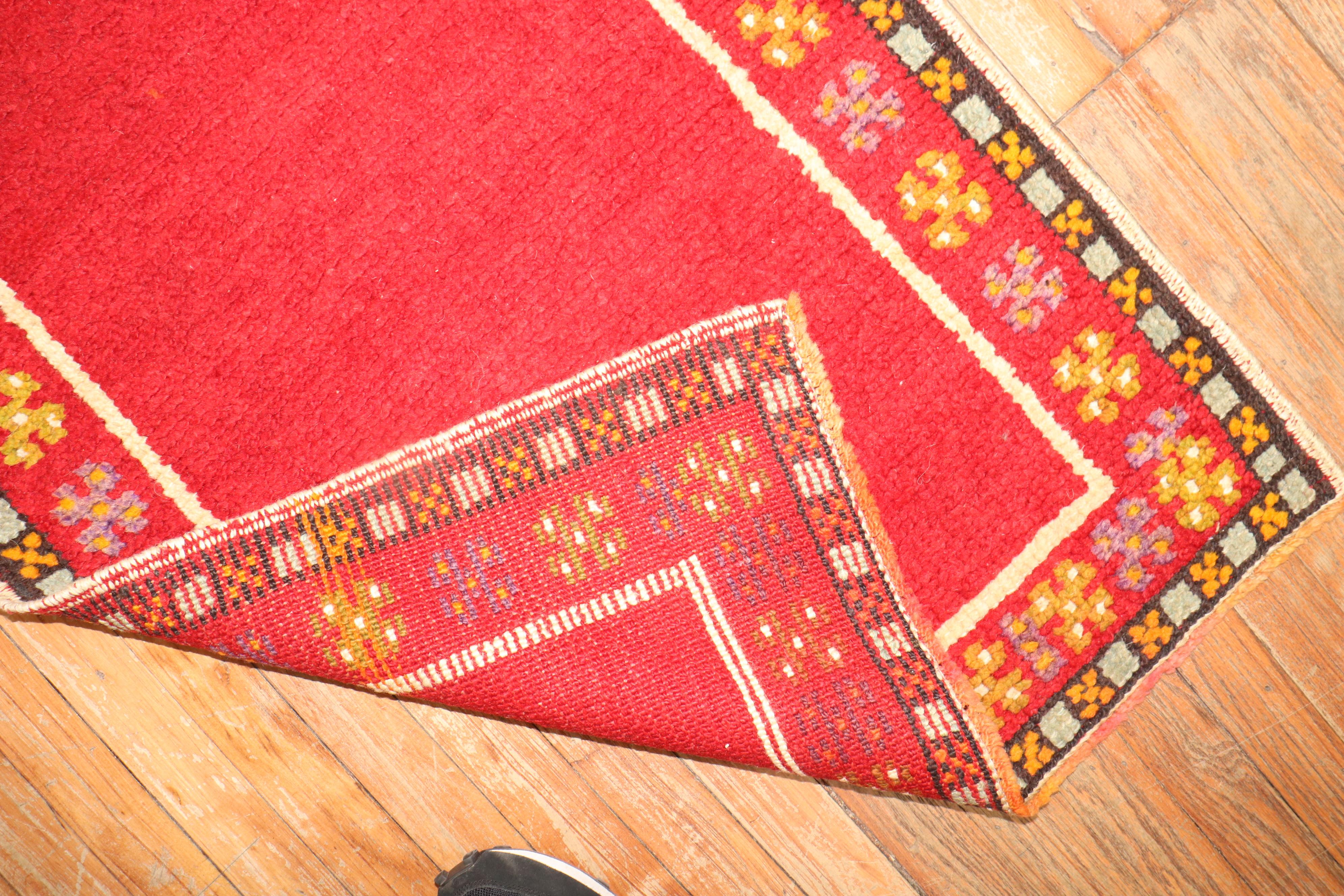 Hand-Woven Strawberry Red Mid-20th Century Turkish Tulu Narrow Runner For Sale