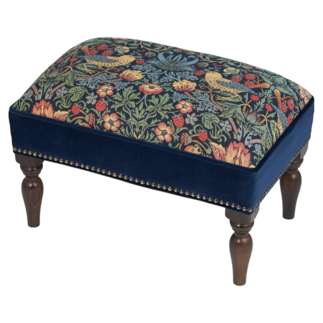 Strawberry Thief Midnight Upholstered Stool with Velvet Sides For Sale