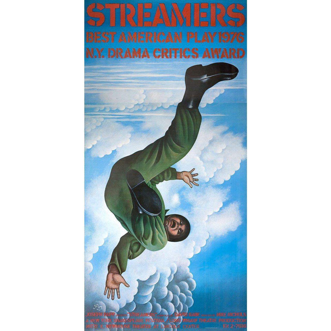 Original 1976 U.S. three sheet poster by Paul Davis for Streamers (1976). Very Good-Fine condition, rolled. This poster was printed in multiple sheets. Please note: the size is stated in inches and the actual size can vary by an inch or more.
  