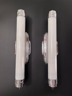 Streamline 1930's Art Deco Tube Milk Glass & Chrome Vanity Bathroom Wall Sconces