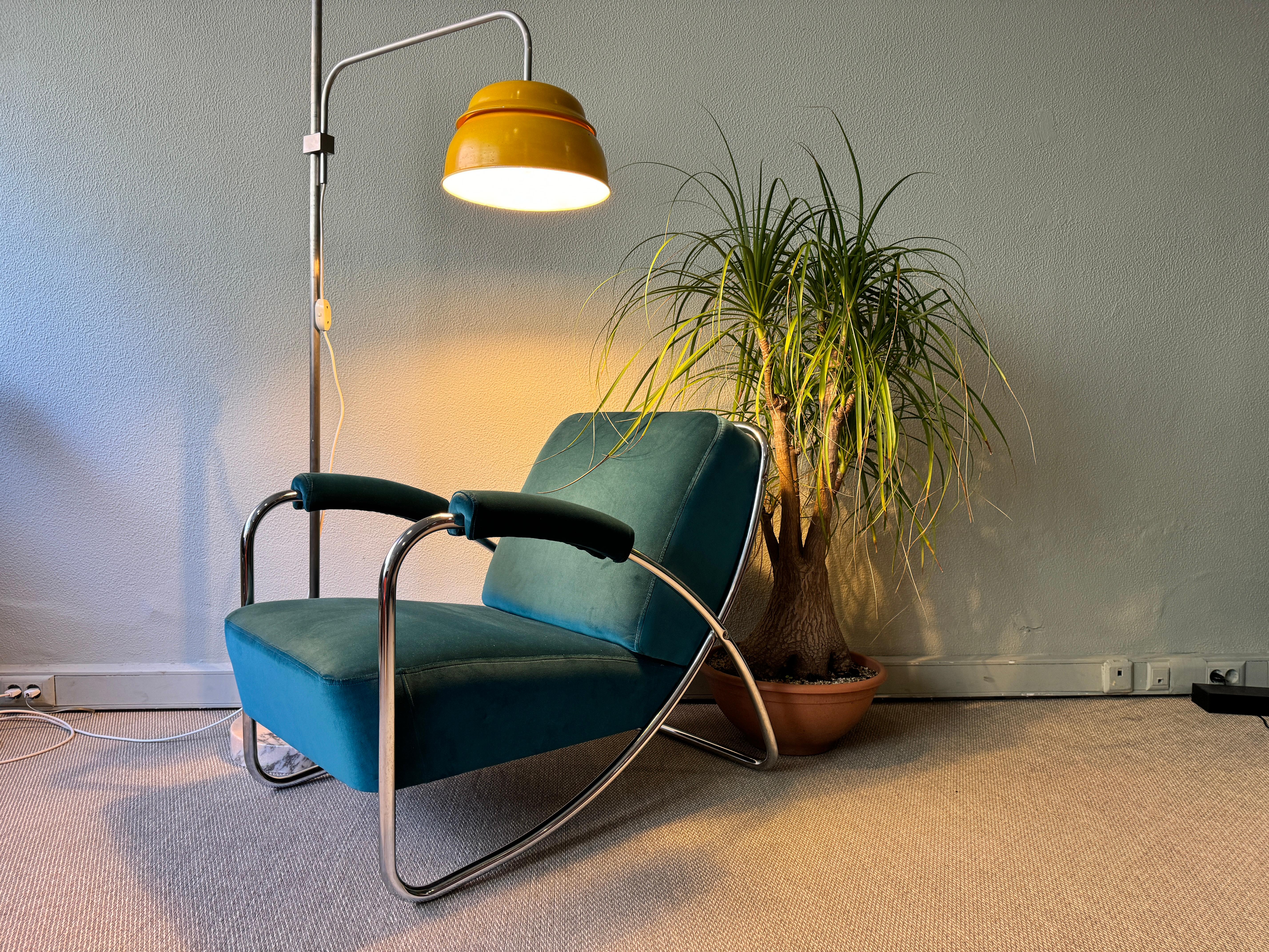 Introducing this Streamline Armchair from Olaio, a vintage gem that exudes sophistication and elegance. Originally produced for Palácio Nacional da Cidadela in 1930's Portugal, this armchair boasts a sleek and modern look, thanks to its steel tube