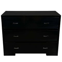 Streamlined Art Deco Black Lacquered Chest w/ Machine Age Nickeled Ribbon Pulls