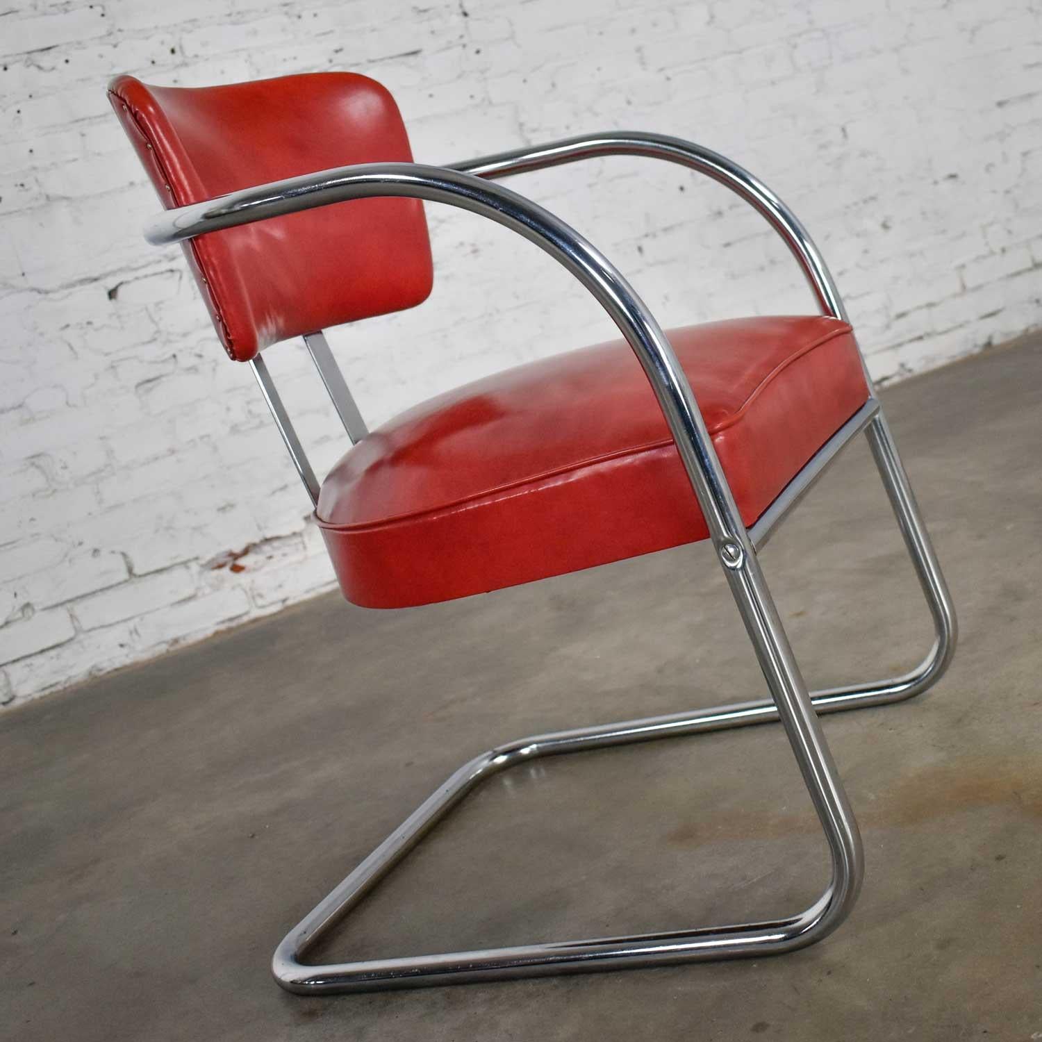 Faux Leather Streamline Art Deco Cantilever Chair Chrome & Red Vinyl Attr Kem Webber-Lloyds For Sale