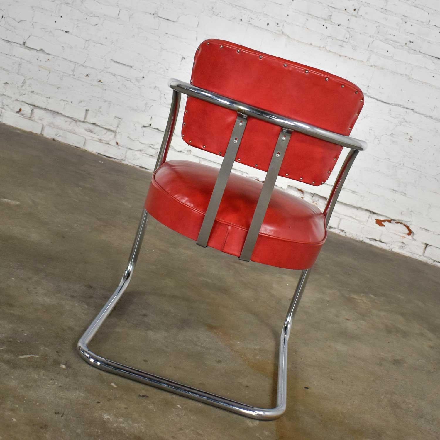 Streamline Art Deco Cantilever Chair Chrome & Red Vinyl Attr Kem Webber-Lloyds For Sale 3