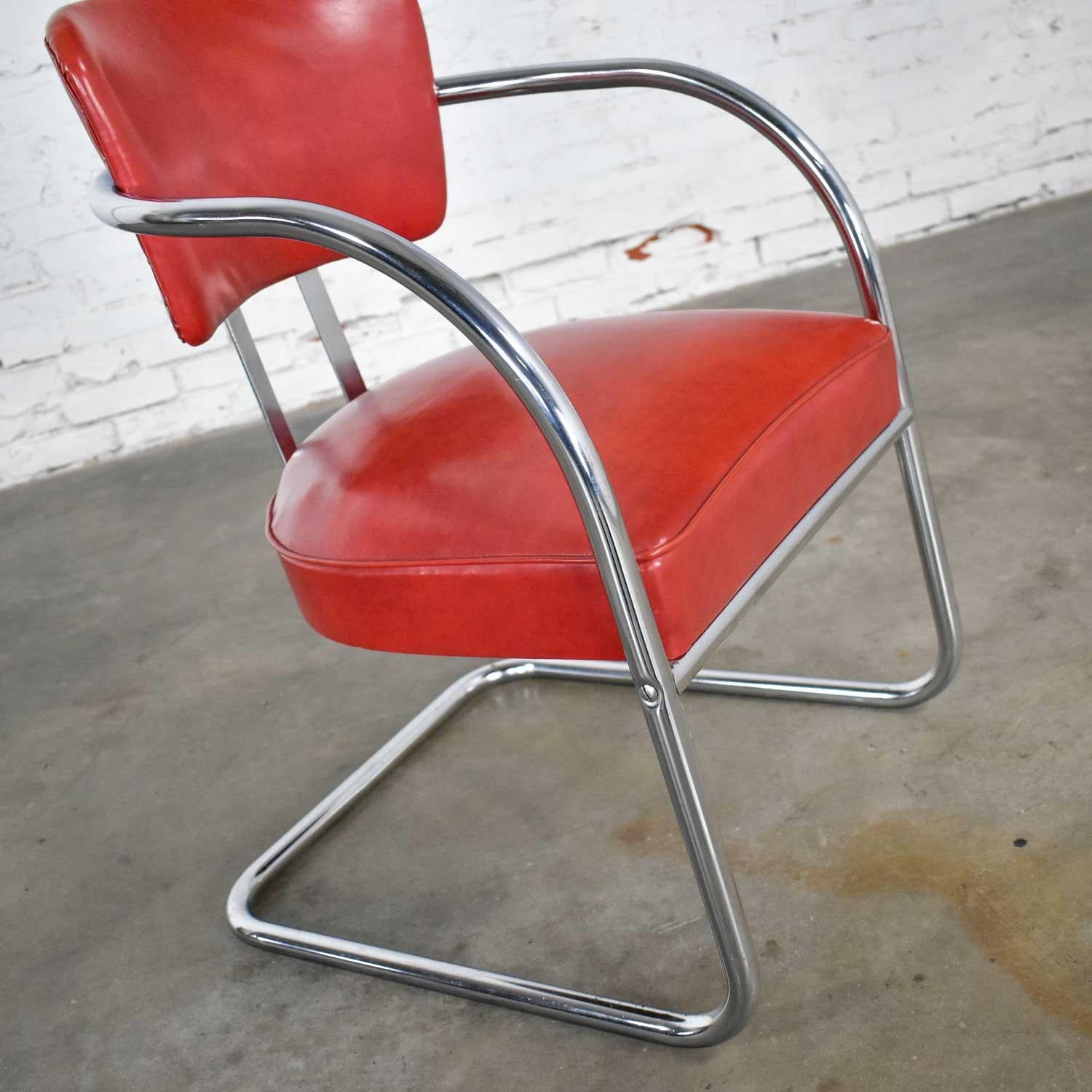 Streamline Art Deco Cantilever Chair Chrome & Red Vinyl Attr Kem Webber-Lloyds For Sale 8