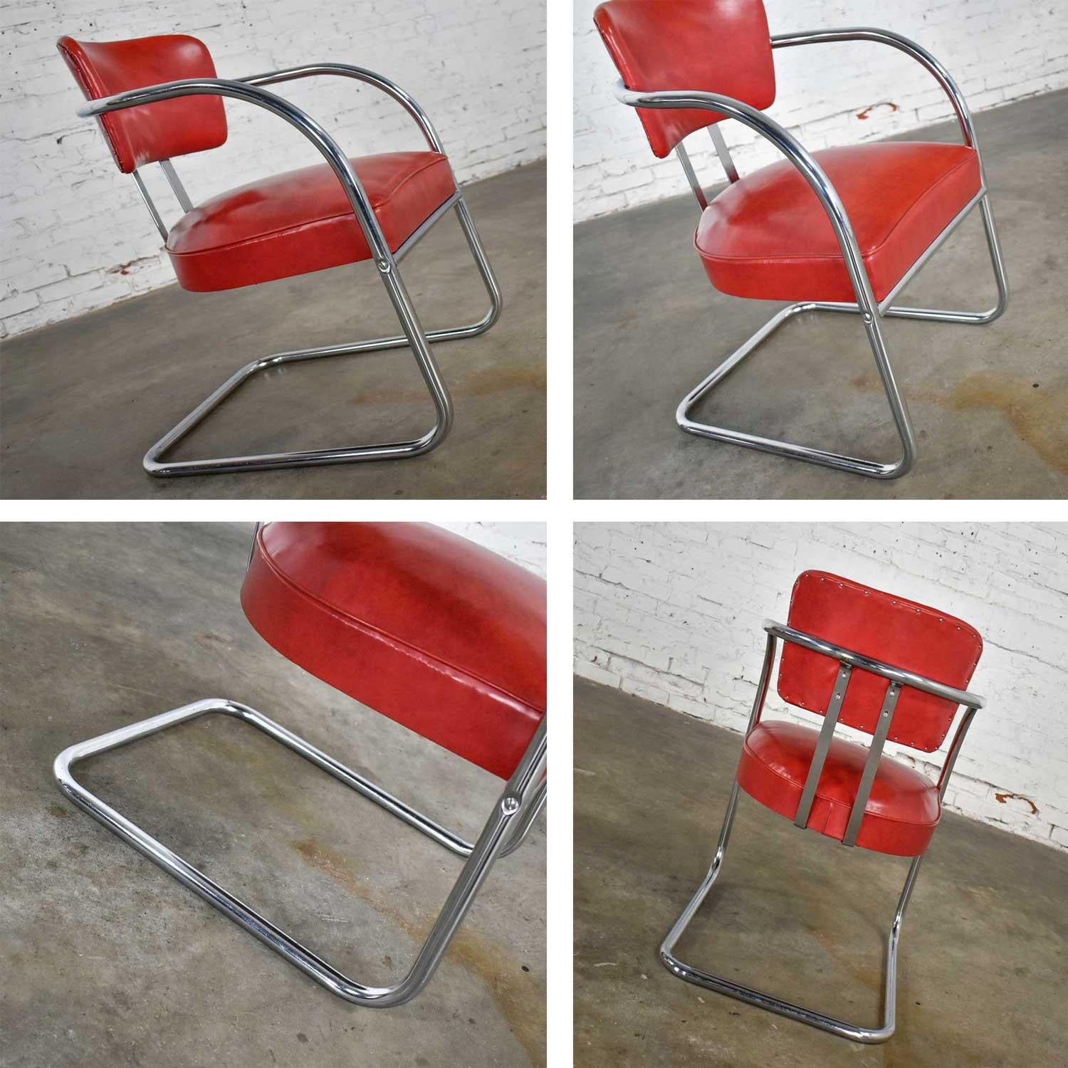 Streamline Art Deco Cantilever Chair Chrome & Red Vinyl Attr Kem Webber-Lloyds For Sale 9