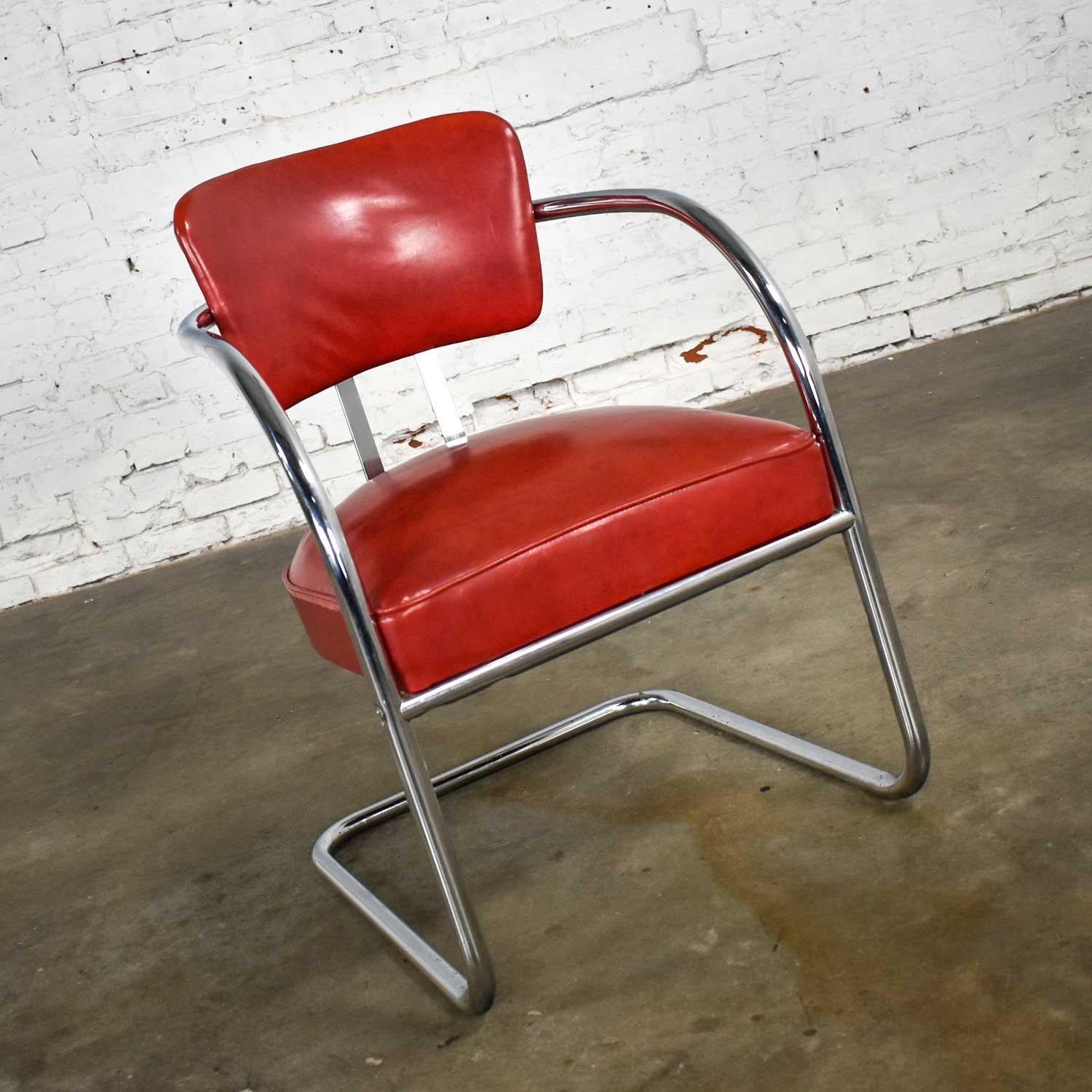 Streamlined Moderne Streamline Art Deco Cantilever Chair Chrome & Red Vinyl Attr Kem Webber-Lloyds For Sale