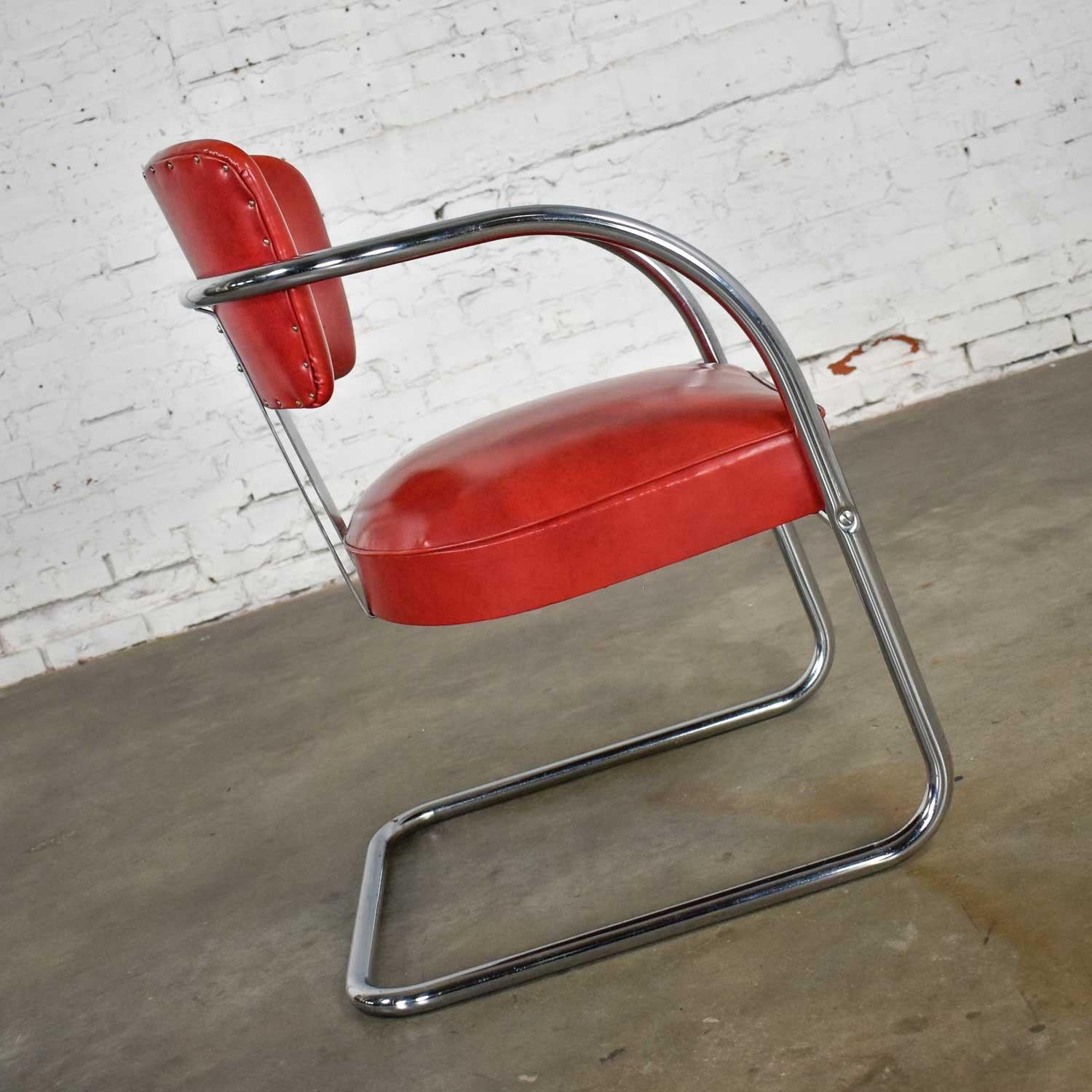 American Streamline Art Deco Cantilever Chair Chrome & Red Vinyl Attr Kem Webber-Lloyds For Sale