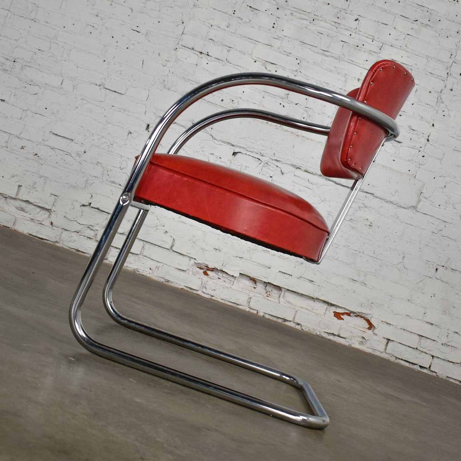 Streamline Art Deco Cantilever Chair Chrome & Red Vinyl Attr Kem Webber-Lloyds In Good Condition For Sale In Topeka, KS