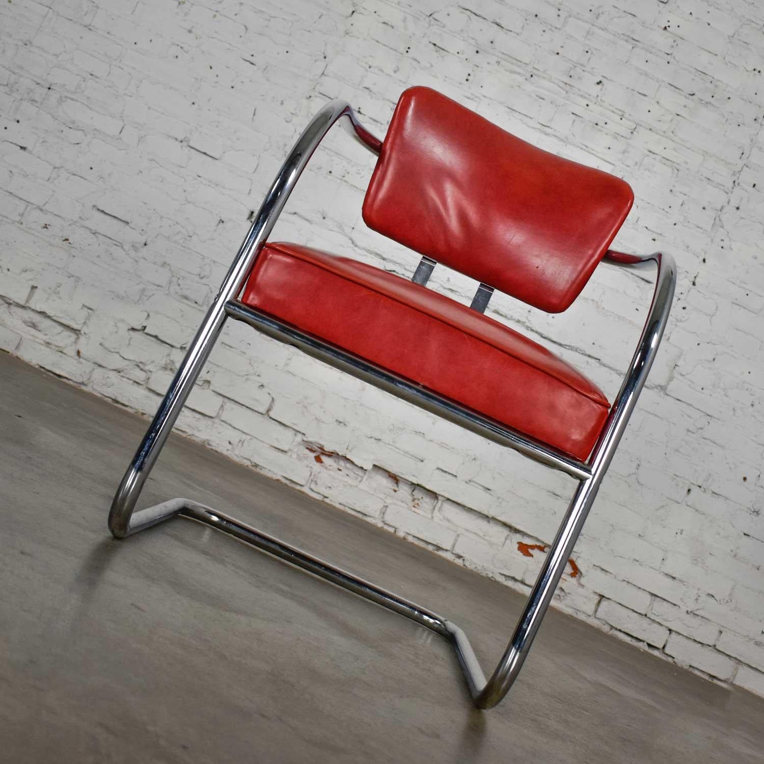 20th Century Streamline Art Deco Cantilever Chair Chrome & Red Vinyl Attr Kem Webber-Lloyds For Sale