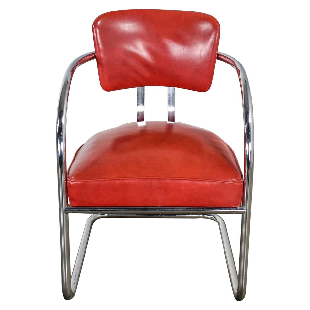 Streamline Art Deco Cantilever Chair Chrome & Red Vinyl Attr Kem Webber-Lloyds For Sale