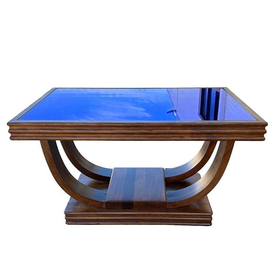 Mesa de centro Streamline Art Decó de palisandro con doble arco y tapa de cristal azul colbalto en venta 4