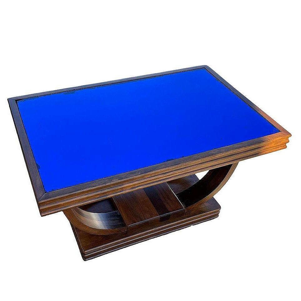 Mesa de centro Streamline Art Decó de palisandro con doble arco y tapa de cristal azul colbalto Moderno de mediados de siglo en venta