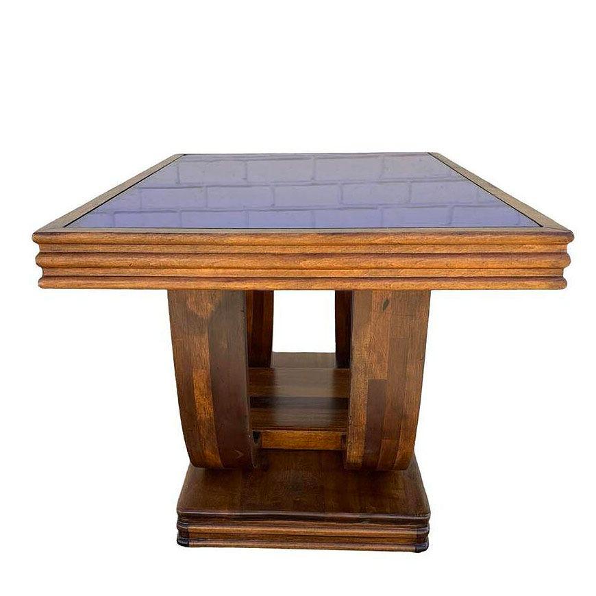 Mesa de centro Streamline Art Decó de palisandro con doble arco y tapa de cristal azul colbalto Vidrio artístico en venta