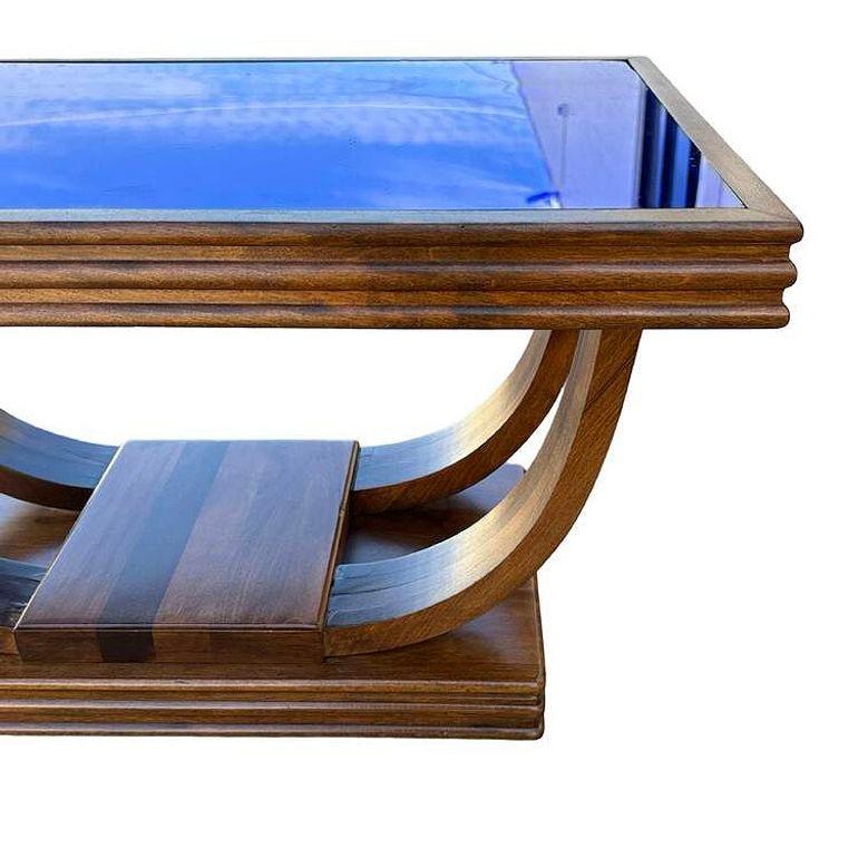Mesa de centro Streamline Art Decó de palisandro con doble arco y tapa de cristal azul colbalto en venta 1