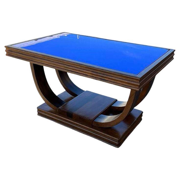Mesa de centro Streamline Art Decó de palisandro con doble arco y tapa de cristal azul colbalto en venta
