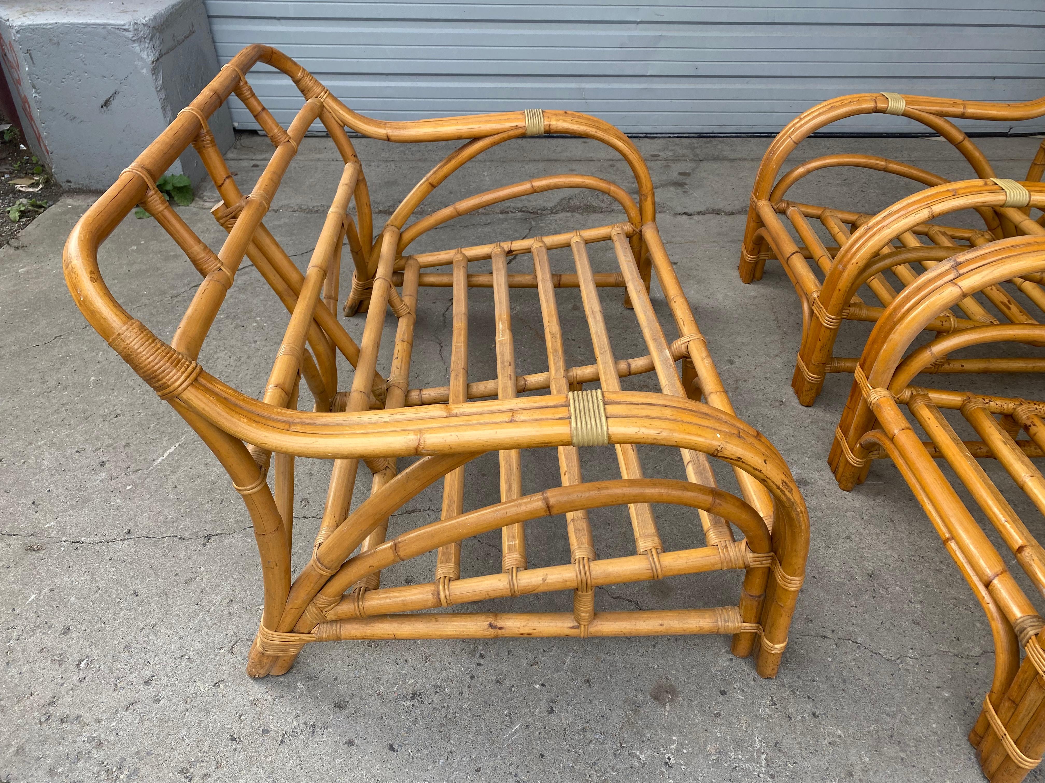 Streamline Art Deco / Modernist 3-Piece bamboo set by Rattan Art / Philippines, stunning set, amazing design, superior quality and construction, chairs measure 29