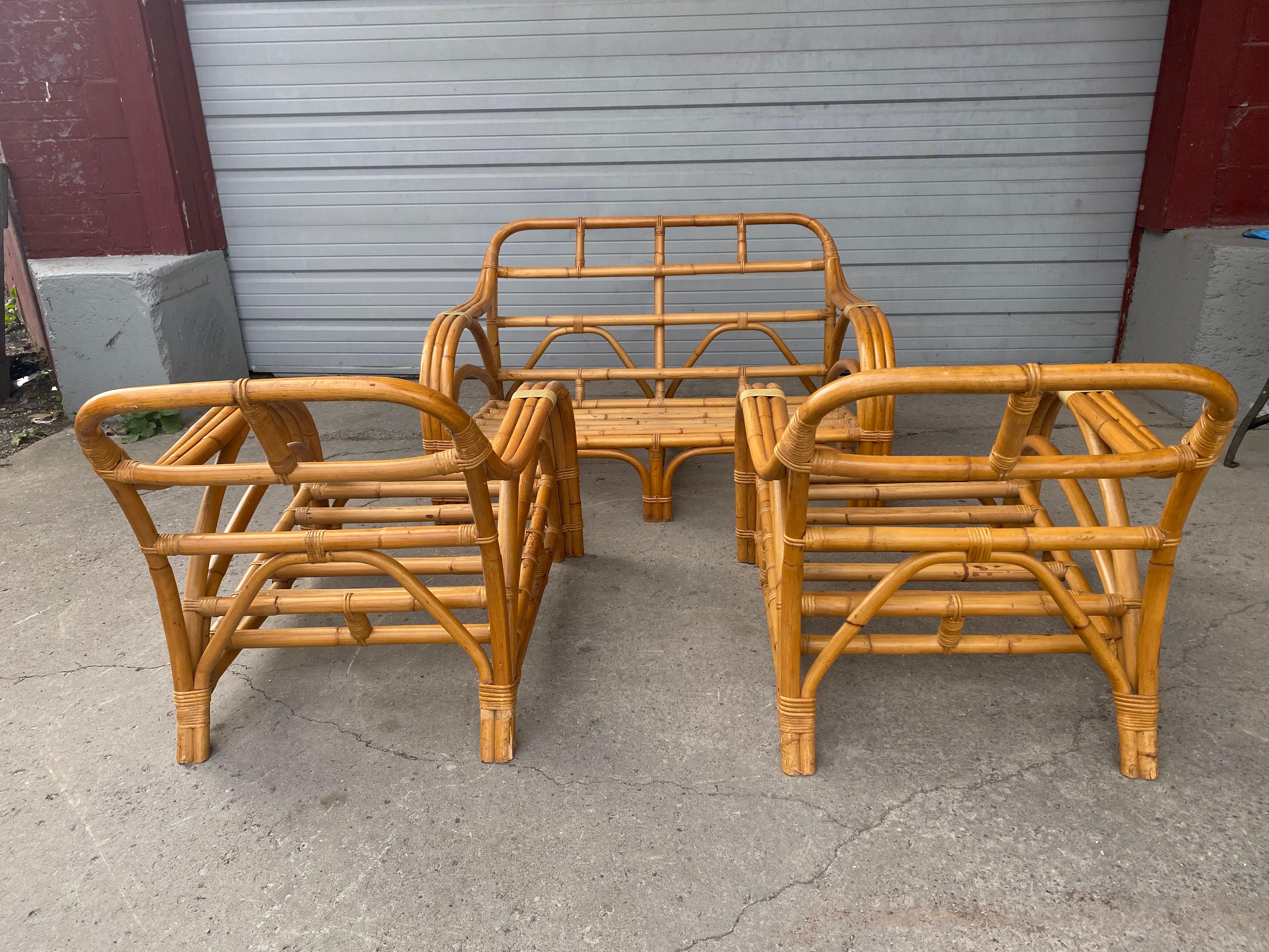 Streamline Art Deco / Modernist 3-Piece Bamboo Set by Rattan Art / Philippines In Good Condition For Sale In Buffalo, NY