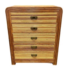 Streamline Art Deco Pencil Reed Rattan Waterfall Highboy Dresser, Pair