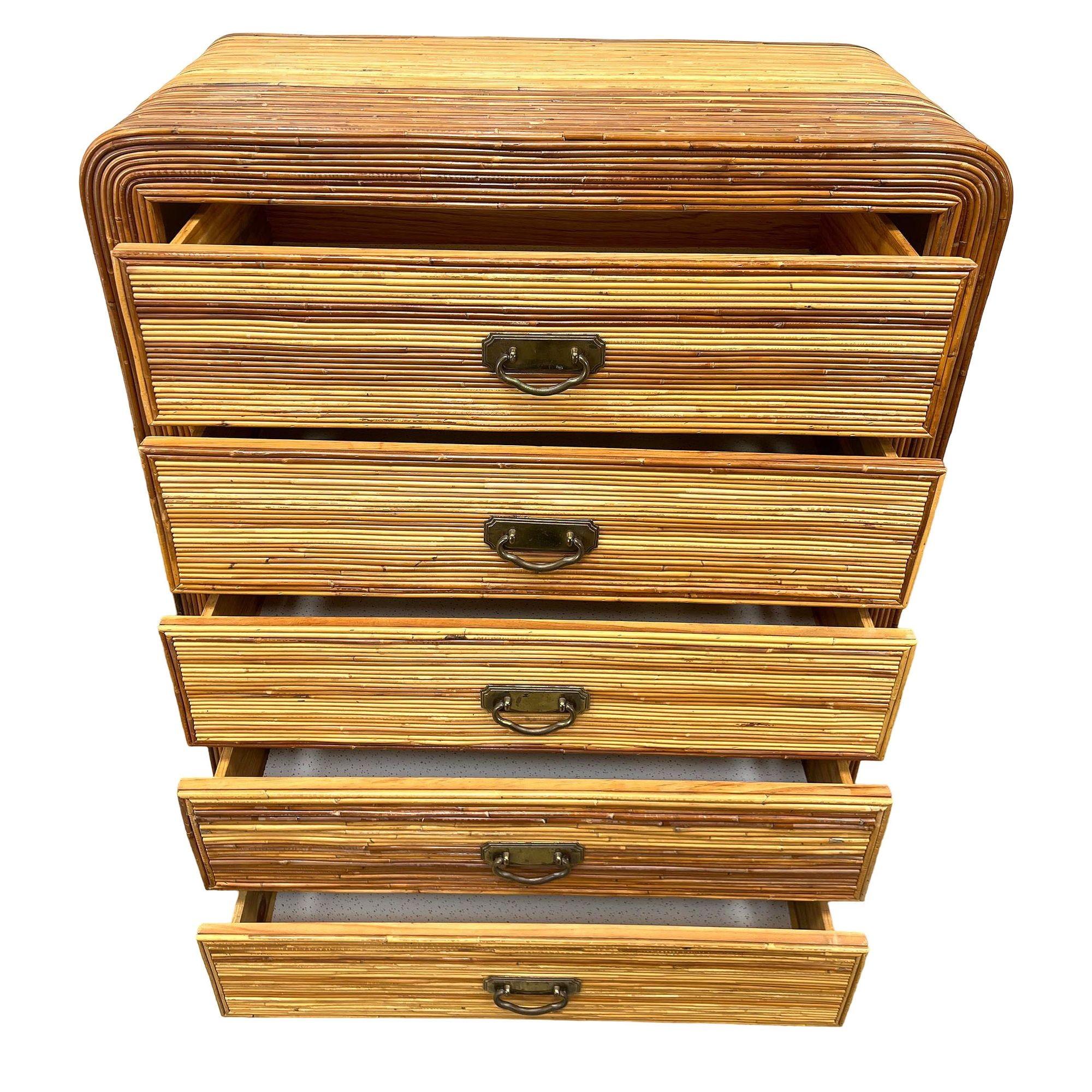 American Streamline Art Deco Pencil Reed Rattan Waterfall Highboy Dresser, Pair