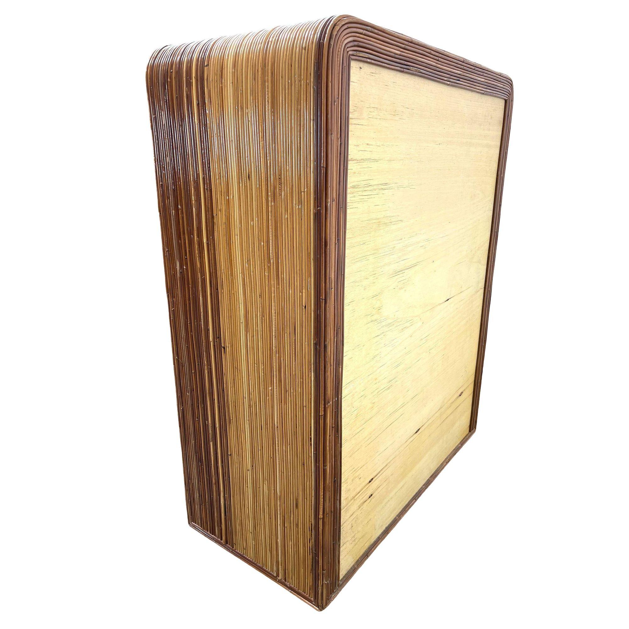 Streamline Art Deco Pencil Reed Rattan Waterfall Highboy Dresser, Pair In Excellent Condition In Van Nuys, CA