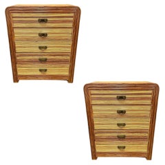Streamline Art Deco Pencil Reed Rattan Waterfall Highboy Dresser, Pair