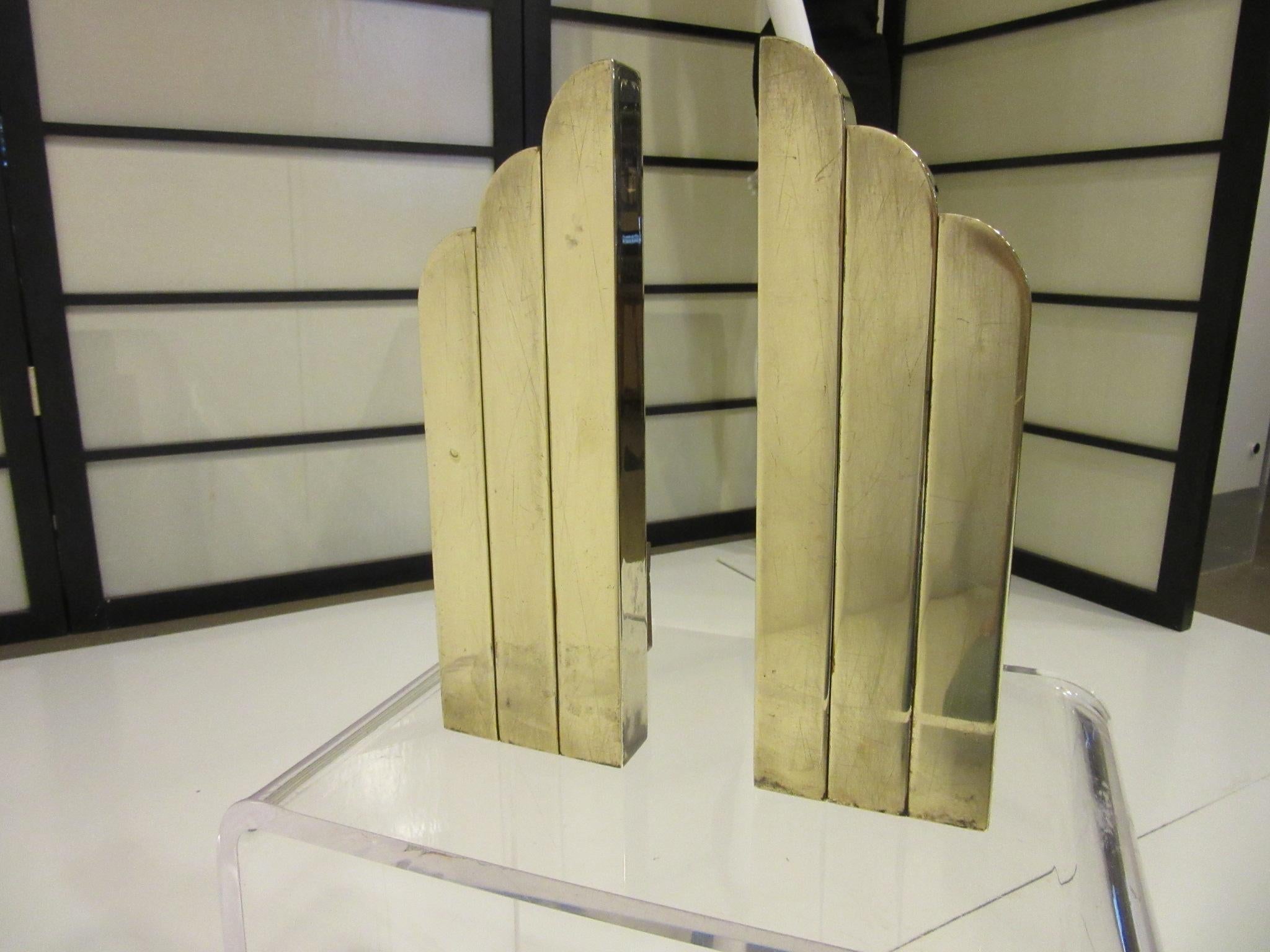 American Streamline Art Deco Solid Brass Fireplace Andirons in the Style of Deskey