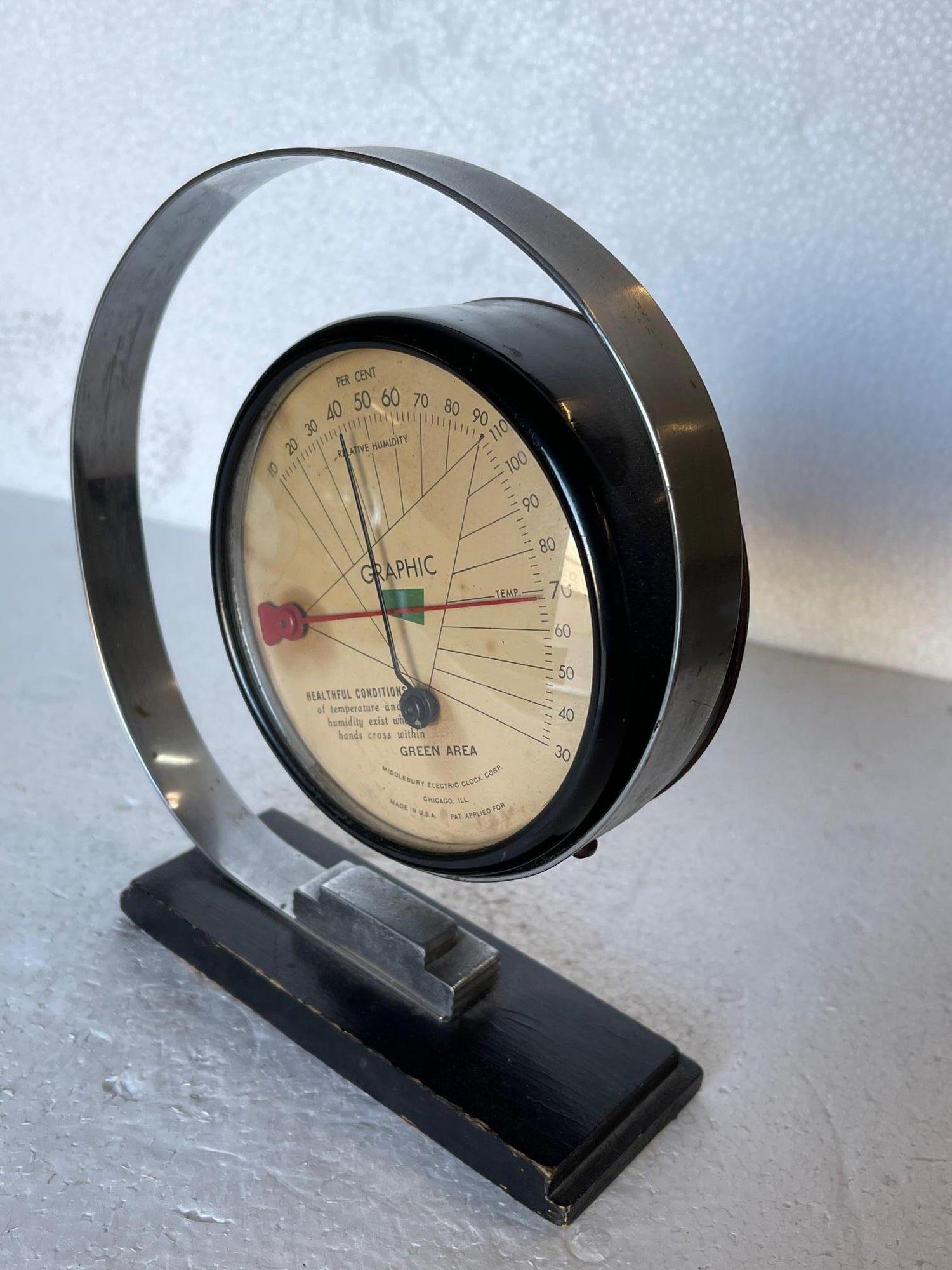 Streamline Art Deco temperature and humidity monitor by Middlebury. featuring a temperature and humidity monitor fitted in a circular housing fixed a scrolling chromed spring arm on a black metal square base.

United States, 1930