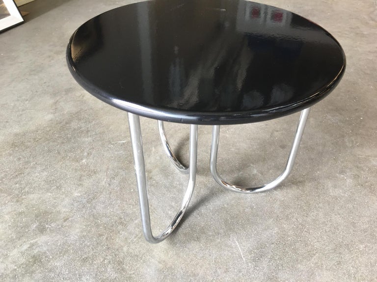 Art Deco Streamline Black Lacquer Chrome Coffee Table by Royalchrome For Sale