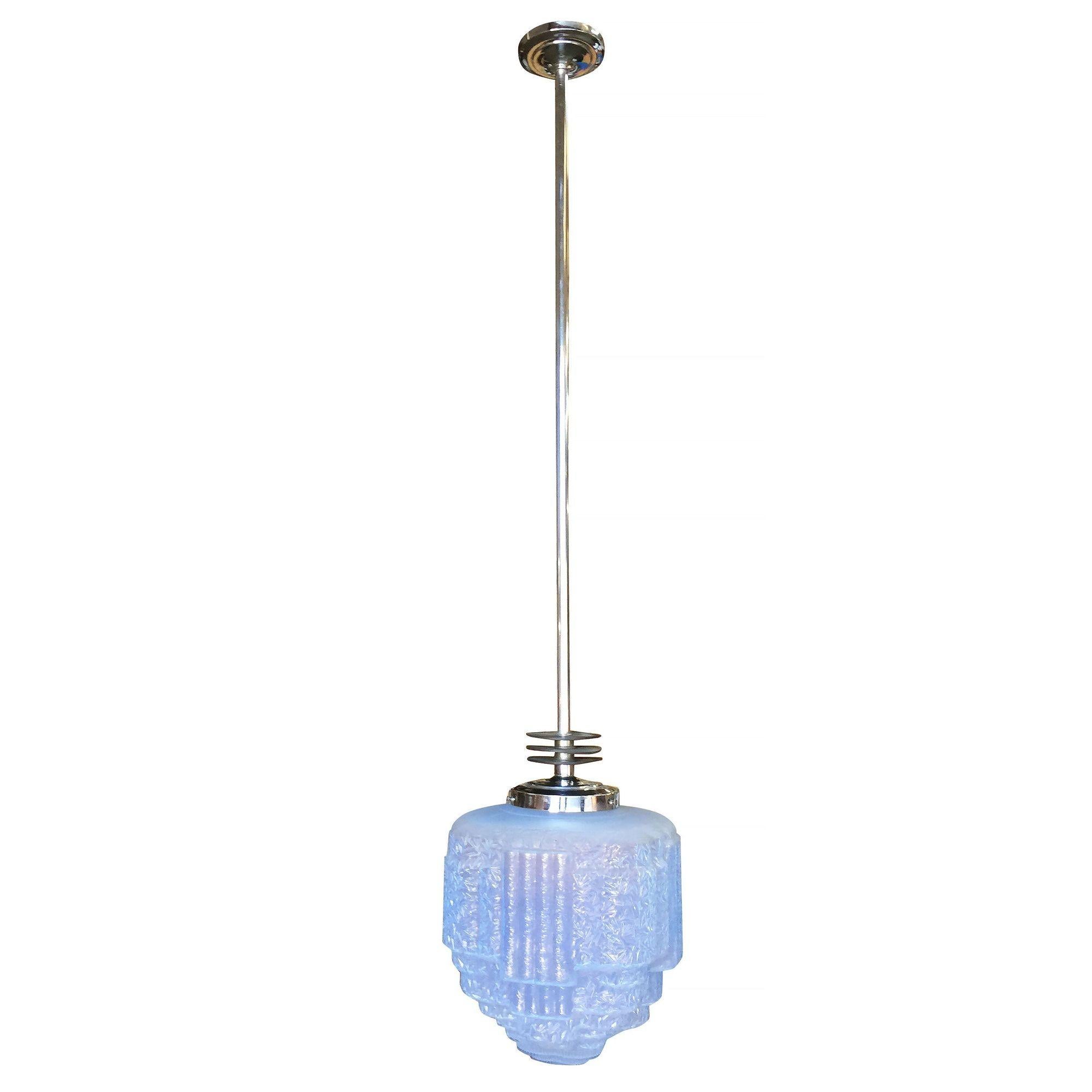Art Deco Streamline Ceiling Pendant with Blue Glass Stepped Glass Globe For Sale