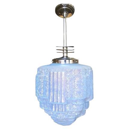 Streamline Ceiling Pendant with Blue Glass Stepped Glass Globe For Sale
