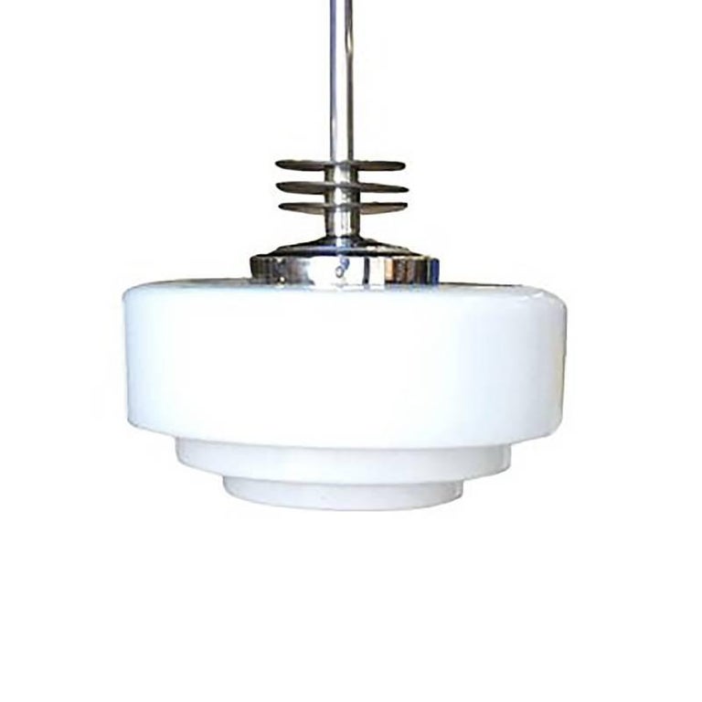 Streamline Ceiling Pendant With Hand Painted Stepped Cake Globe For Rare Art Deco Chrome Ceiling Pendant With Enameled Black Streamline Accents And Stepped Milk Glass Cake