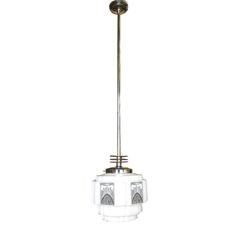 Art Deco Streamline Ceiling Pendant with Hand-Painted Stepped Globe
