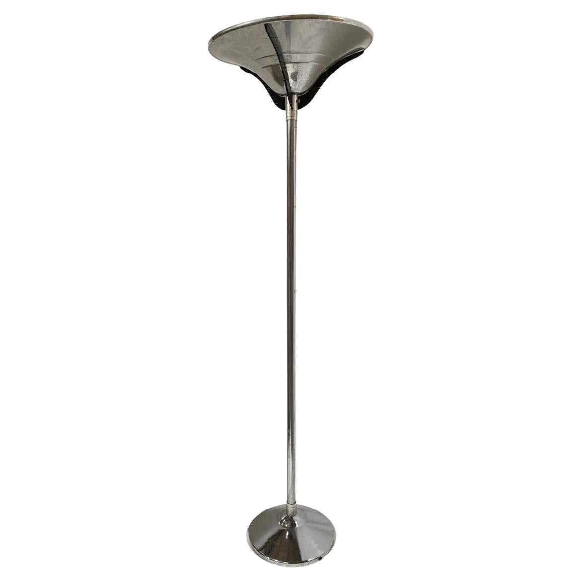 Streamline Chrome Steel Floor Lamp w/ Buttress Braced Saucer Shape For Sale