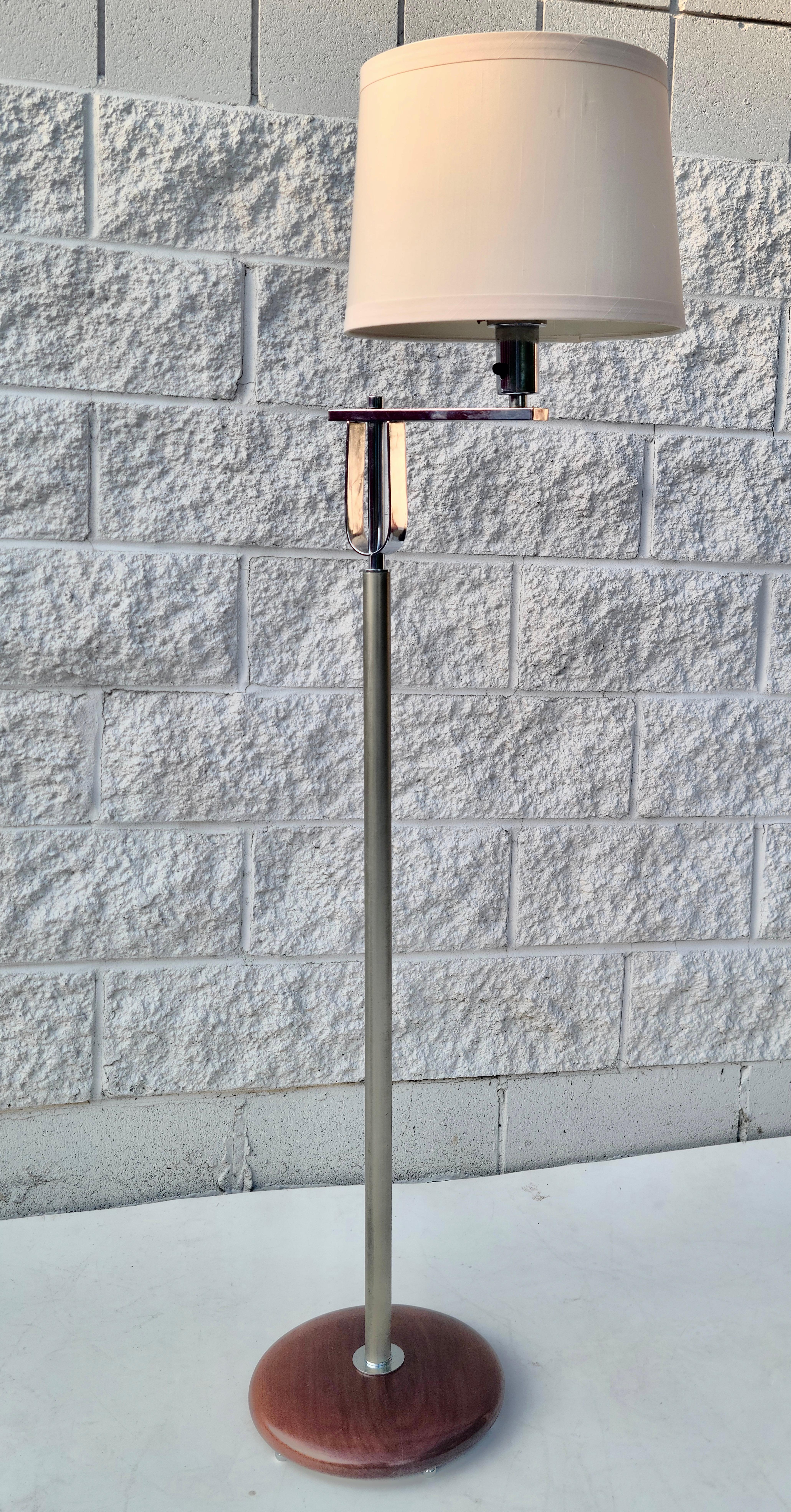 Streamline Floor Lamp Flat Banded Chrome Walnut in the style of Donald Deskey For Sale 1