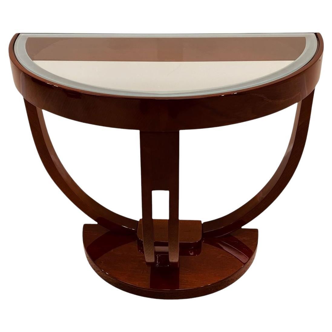 Tavolino Streamline con piano in vetro a forma di mezzo cerchio Art Deco americano C.I.C. 1930