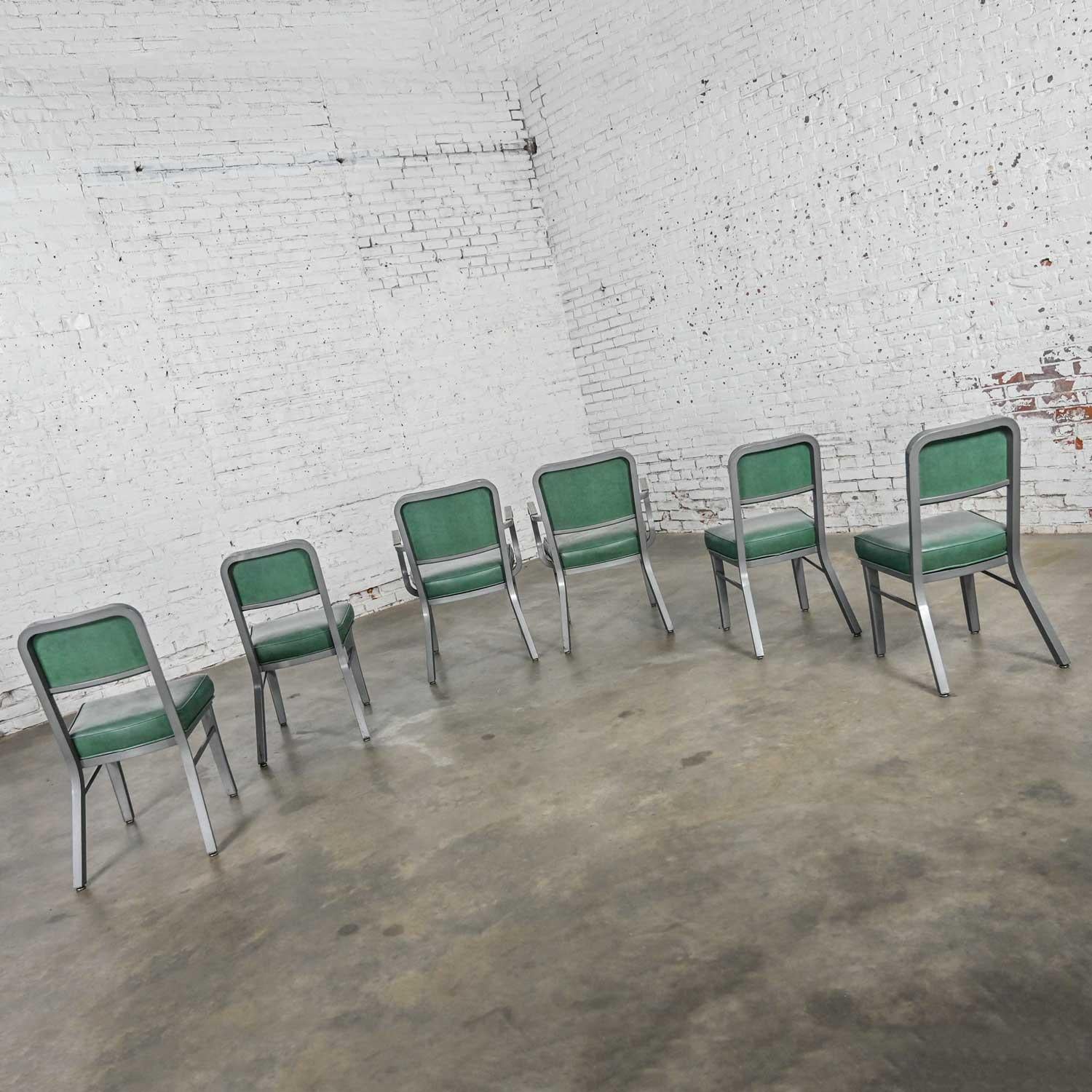 Painted Streamline Industrial Metal & Green Vinyl Faux Leather Dining Chairs Set of 6