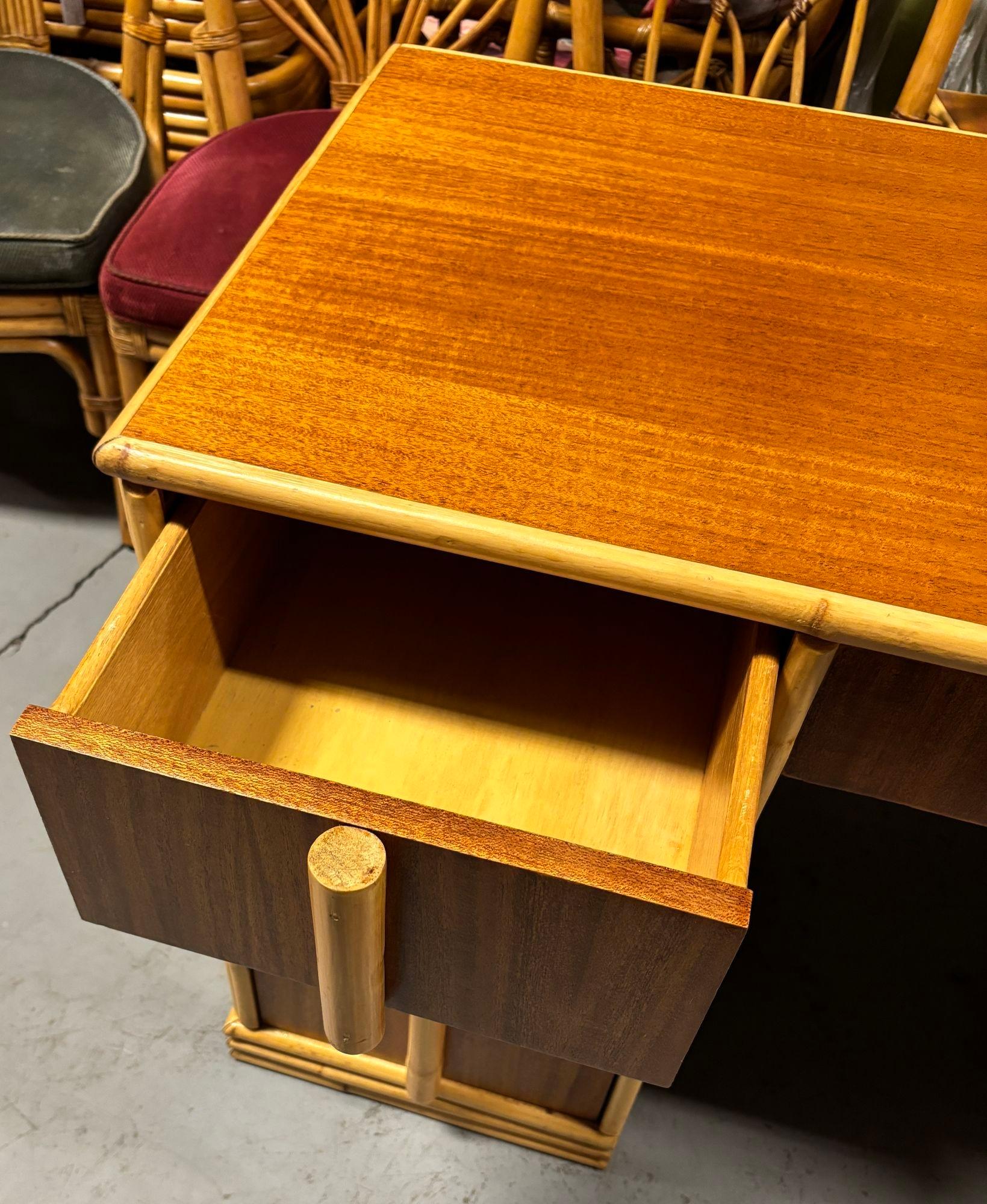 American Streamline Mahogany and Rattan Writing Desk with Rattan Pulls & Shelf For Sale