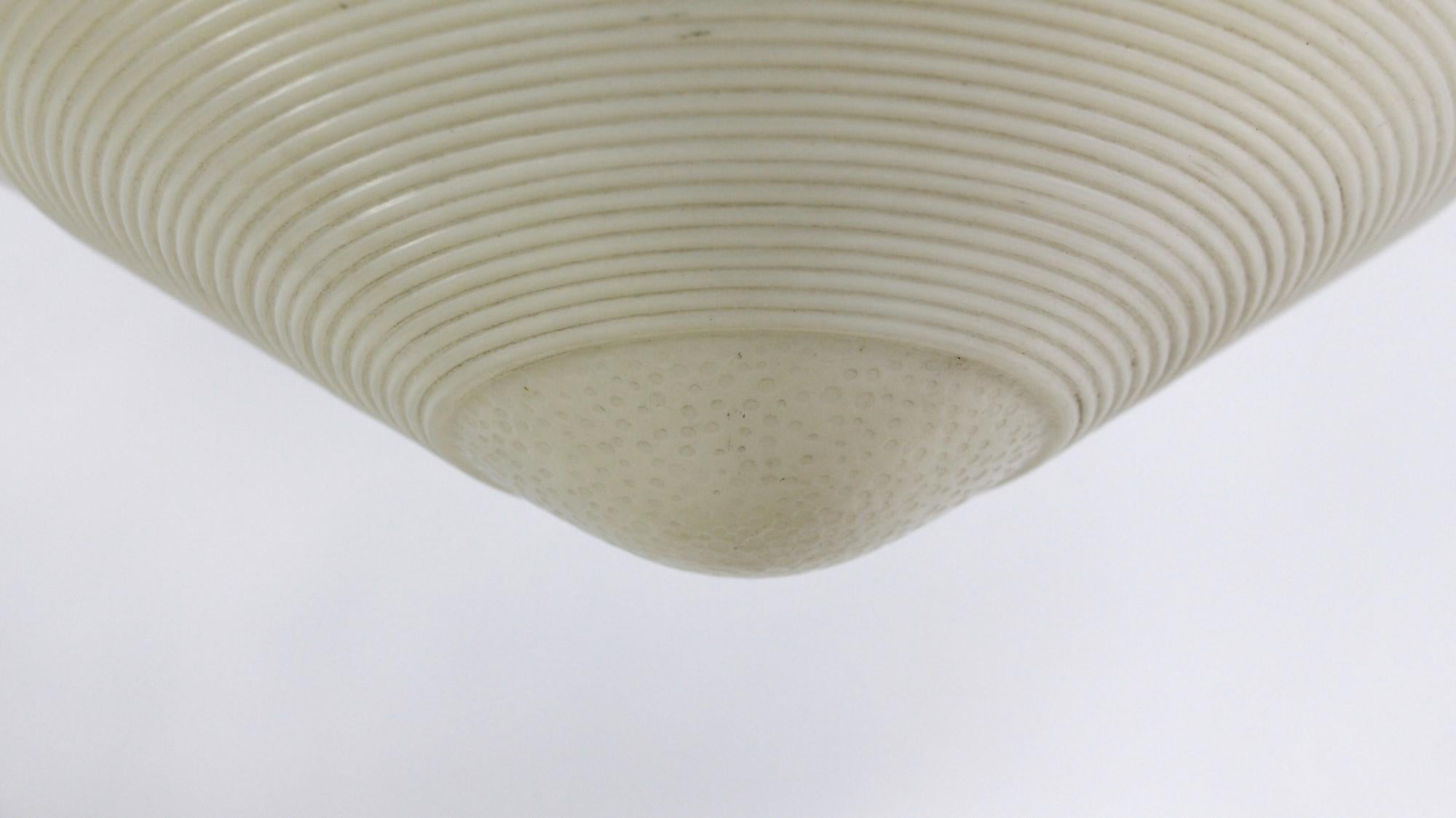 American Streamline Milk Glass Moderne Pendant Cone Light with Lines and Leaf Detail