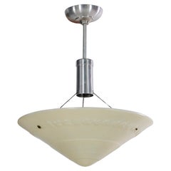 Streamline Milk Glass Moderne Pendant Cone Light with Lines and Leaf Detail
