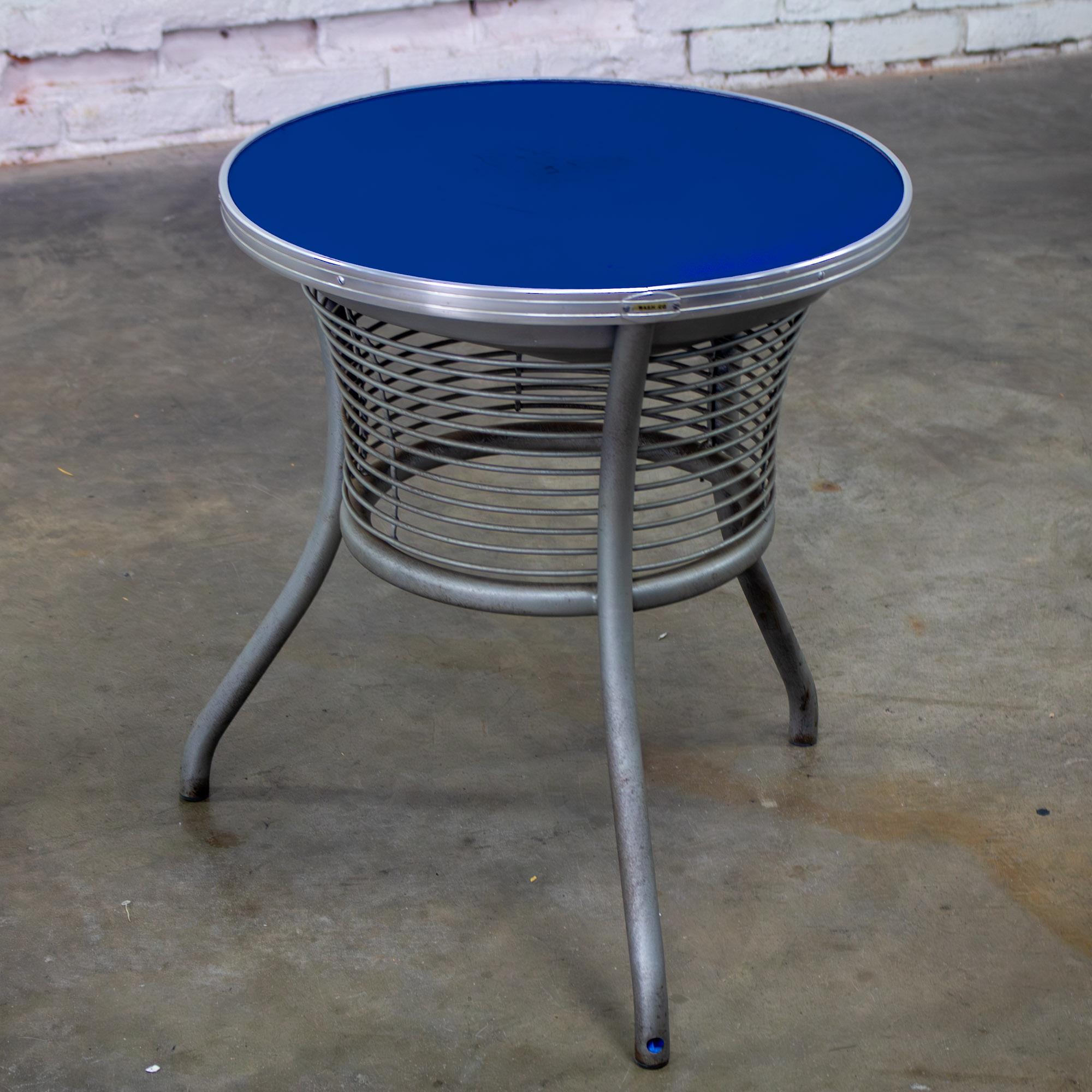 Streamline Modern End or Side Table w/Steel Frame & Round Cobalt Blue Mirror Top For Sale 2