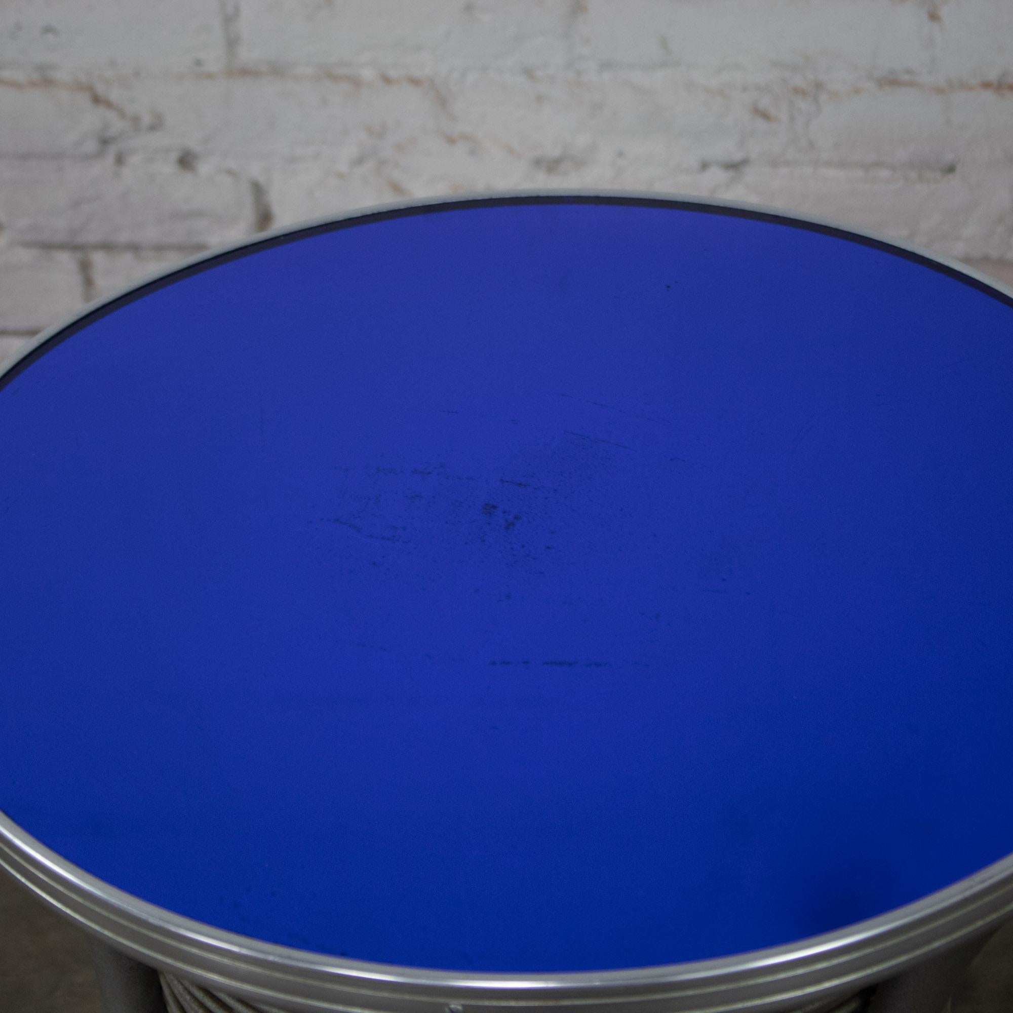 Streamline Modern End or Side Table w/Steel Frame & Round Cobalt Blue Mirror Top For Sale 6