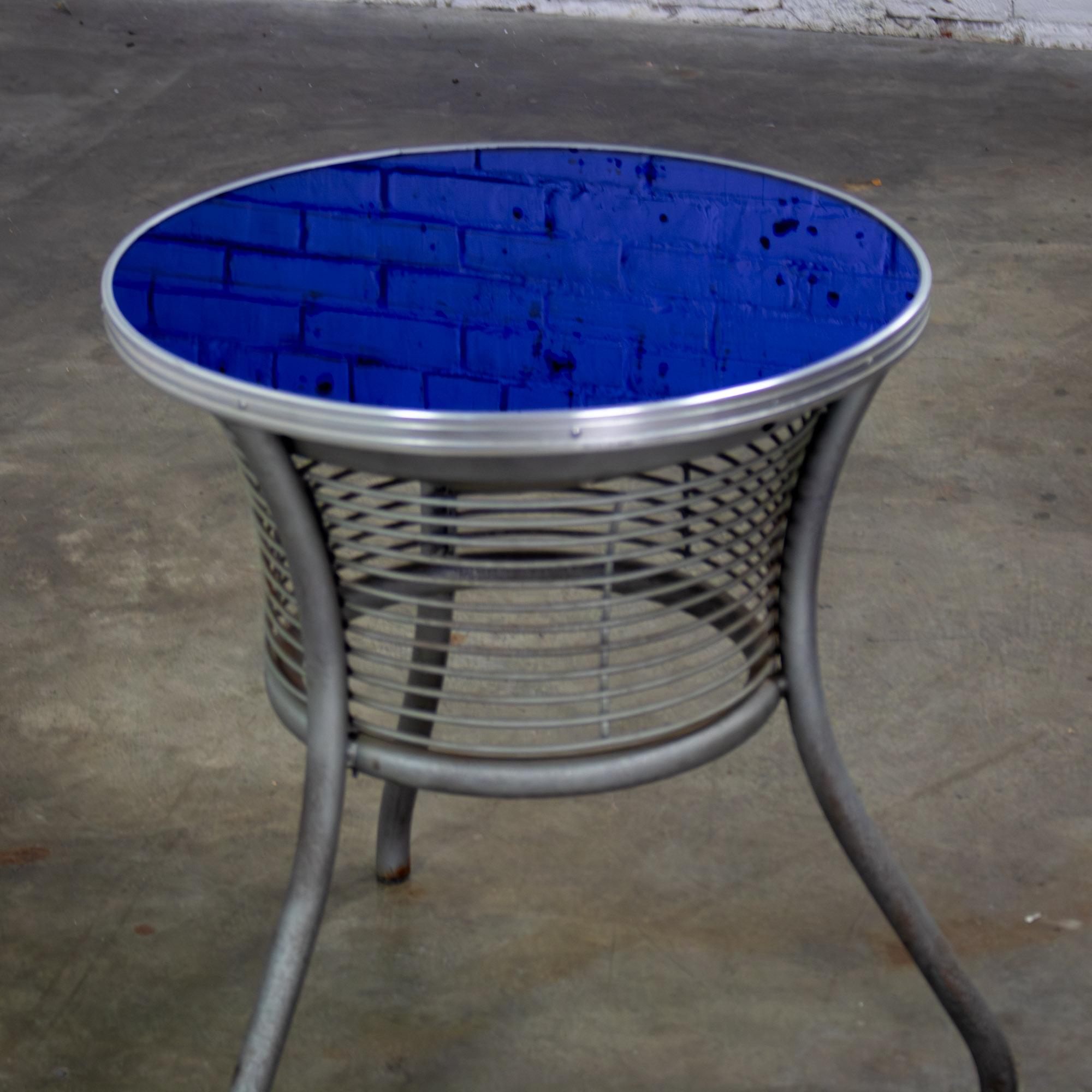 Streamline Modern End or Side Table w/Steel Frame & Round Cobalt Blue Mirror Top For Sale 7