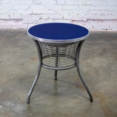 Streamline Modern End or Side Table w/Steel Frame & Round Cobalt Blue Mirror Top