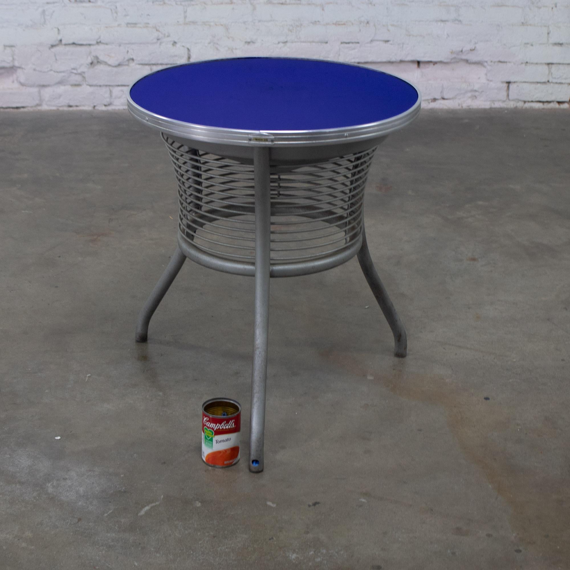 Streamline Modern End or Side Table w/Steel Frame & Round Cobalt Blue Mirror Top For Sale 12