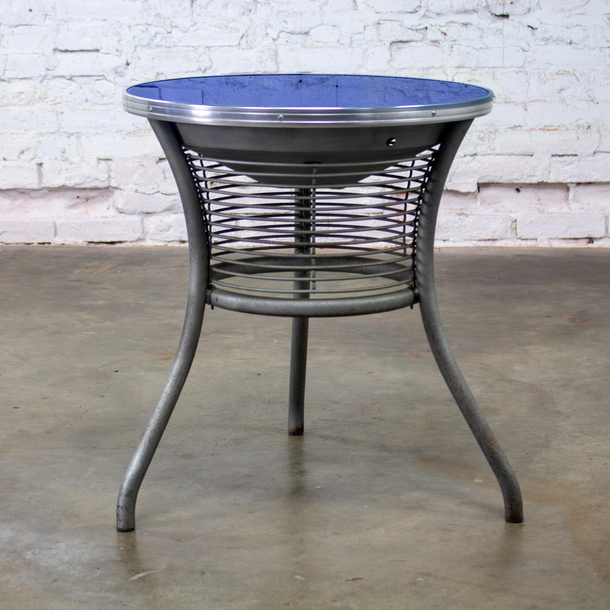 Streamlined Moderne Streamline Modern End or Side Table w/Steel Frame & Round Cobalt Blue Mirror Top For Sale