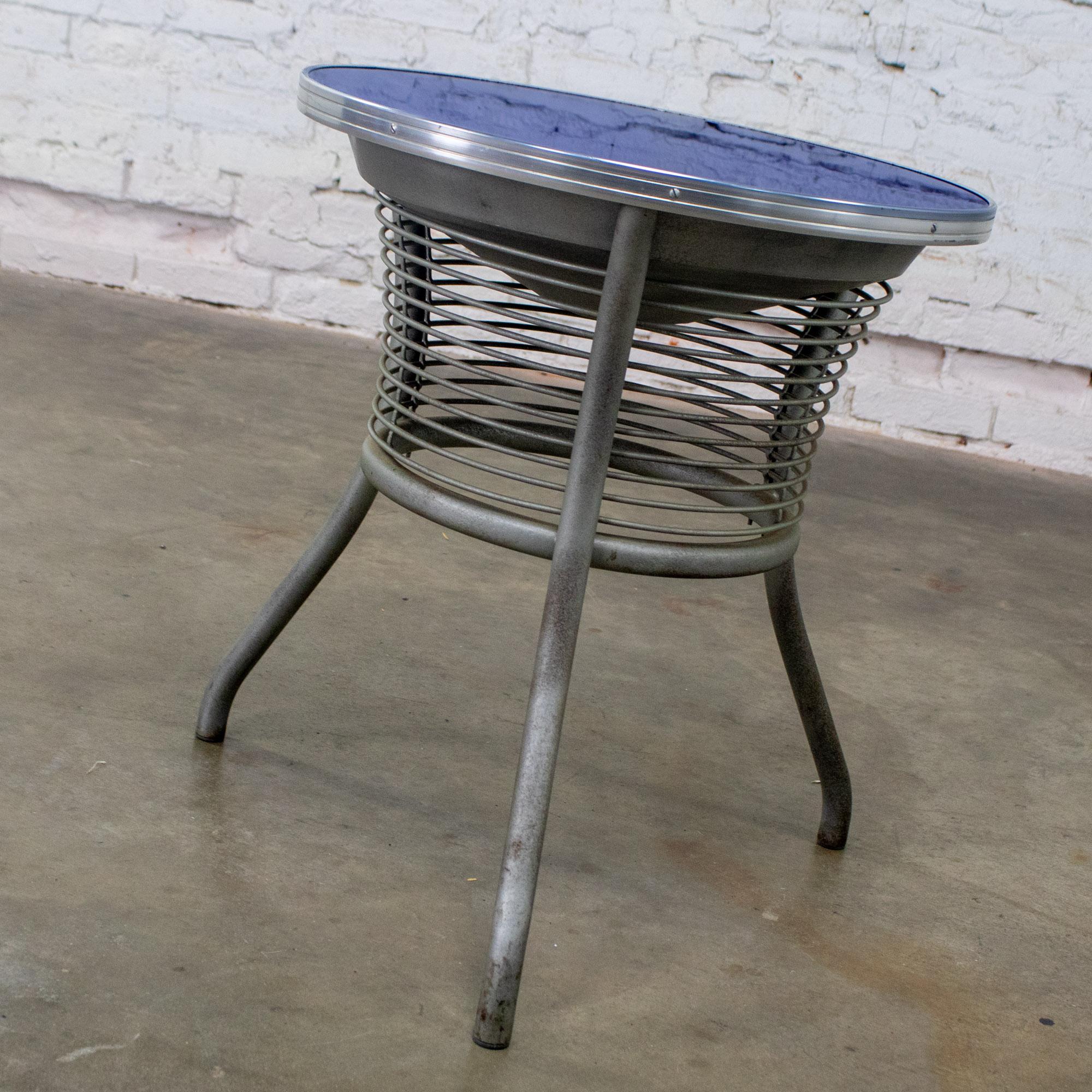 American Streamline Modern End or Side Table w/Steel Frame & Round Cobalt Blue Mirror Top For Sale
