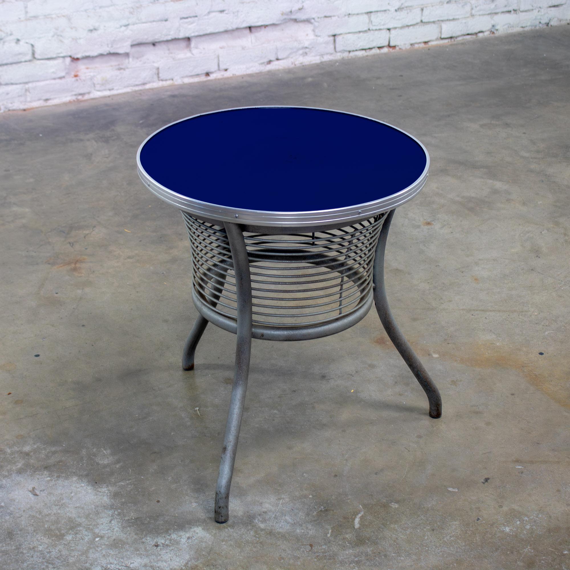 Painted Streamline Modern End or Side Table w/Steel Frame & Round Cobalt Blue Mirror Top For Sale