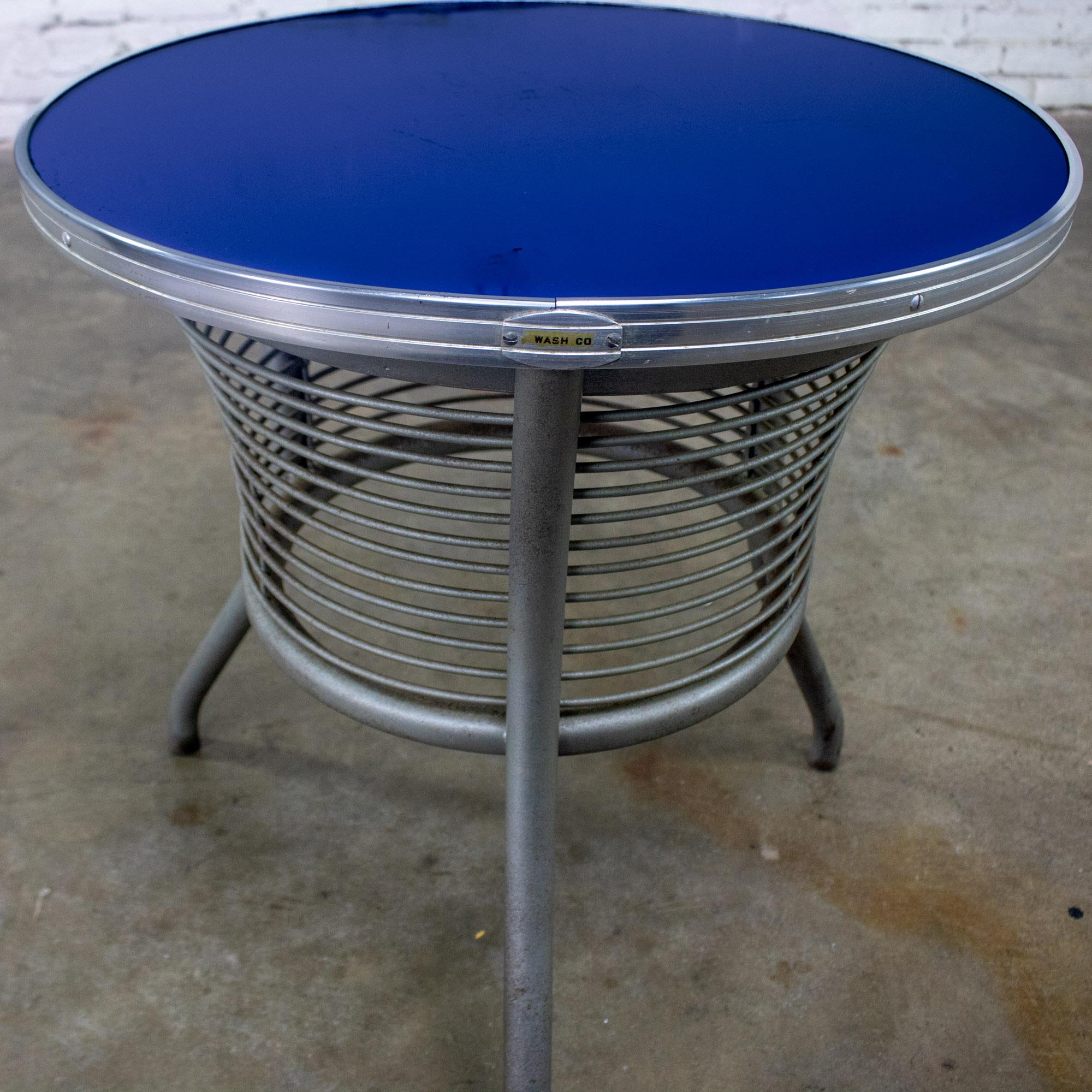 Aluminum Streamline Modern End or Side Table w/Steel Frame & Round Cobalt Blue Mirror Top For Sale