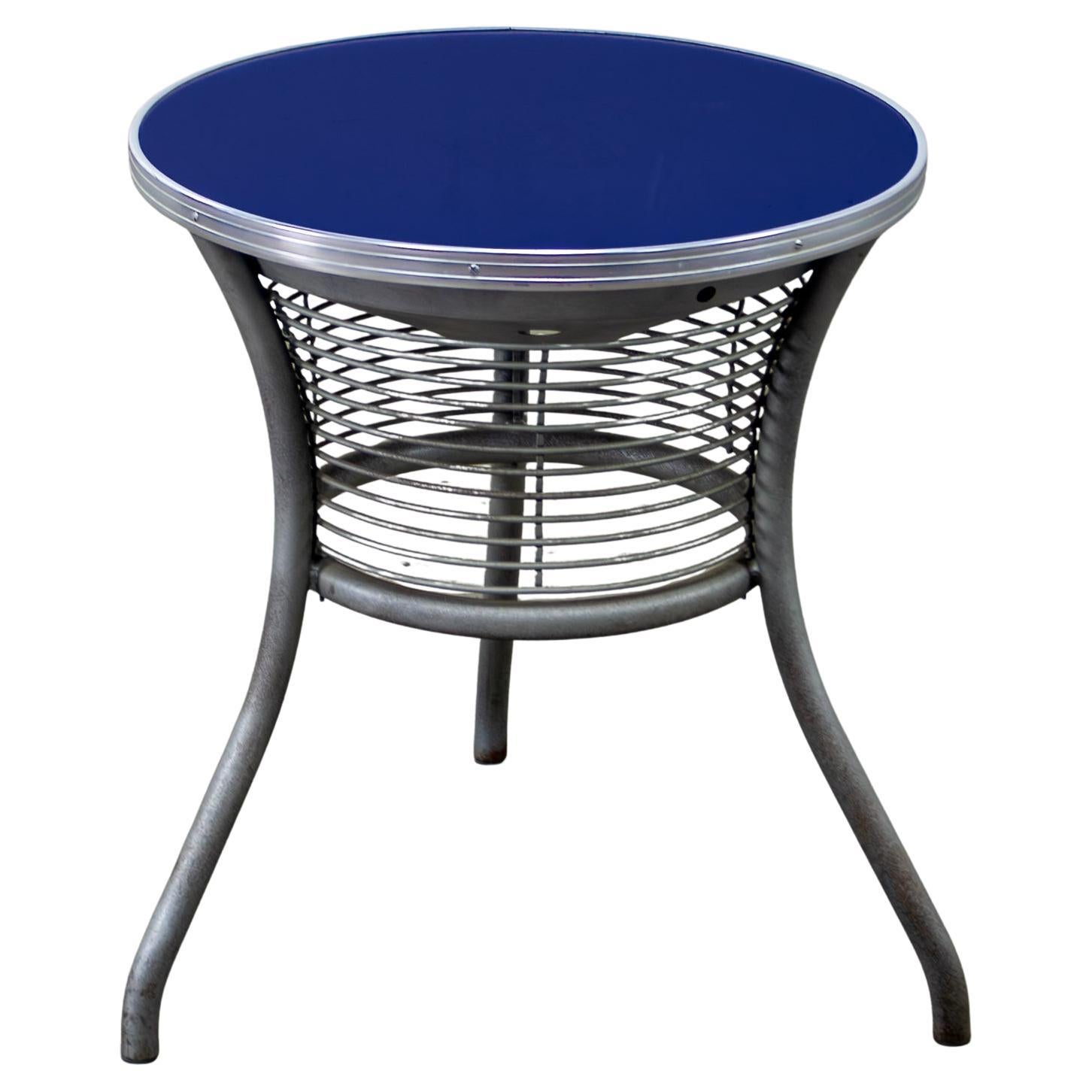 Streamline Modern End or Side Table w/Steel Frame & Round Cobalt Blue Mirror Top For Sale